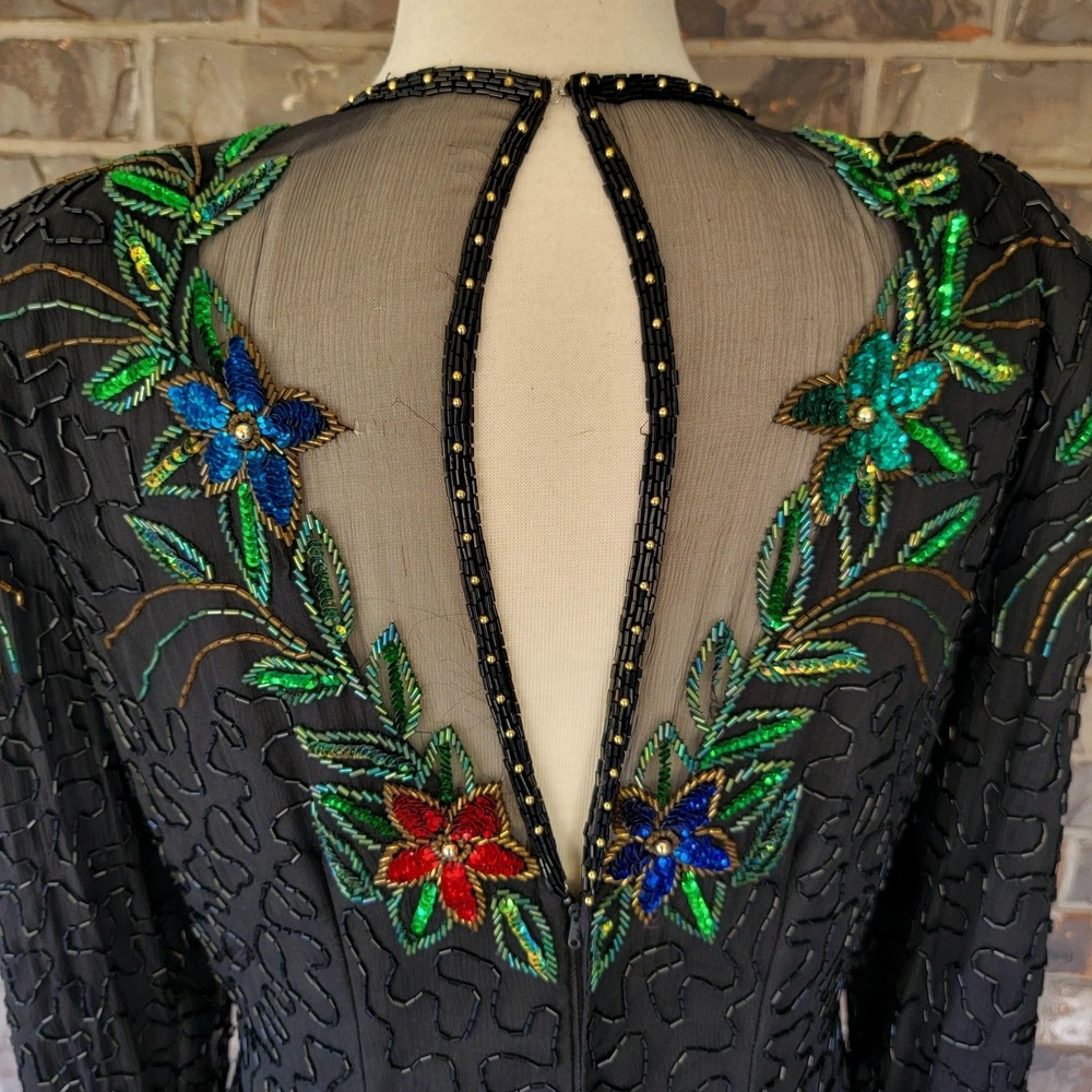 Scala Dress Womens XL Black Silk Beaded Sequin Floral Evening Gown Long Sleeve - Picture 6 of 11